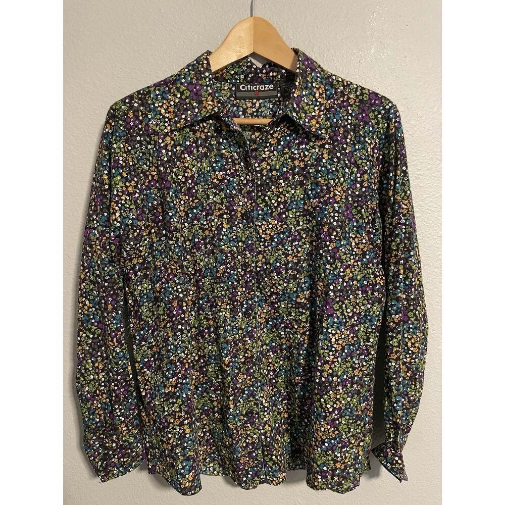 Vintage Citicraze Womens Button Up Top Large Colorful Floral Long Sleeve Artsy